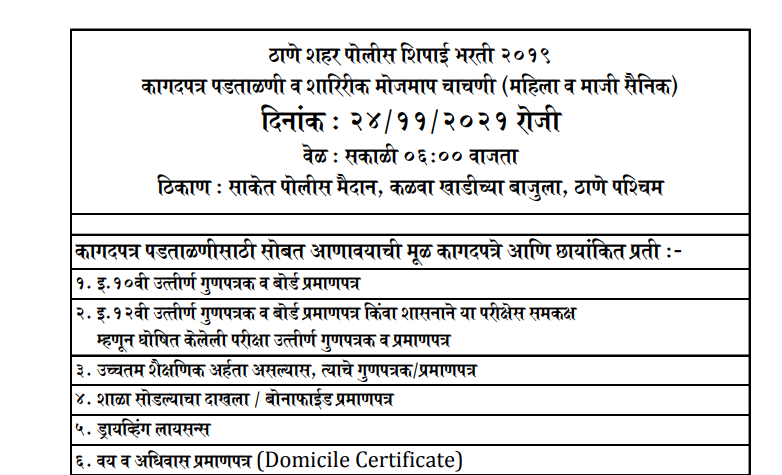 Thane City Police Peon Recruitment (Women and Ex-Servicemen)