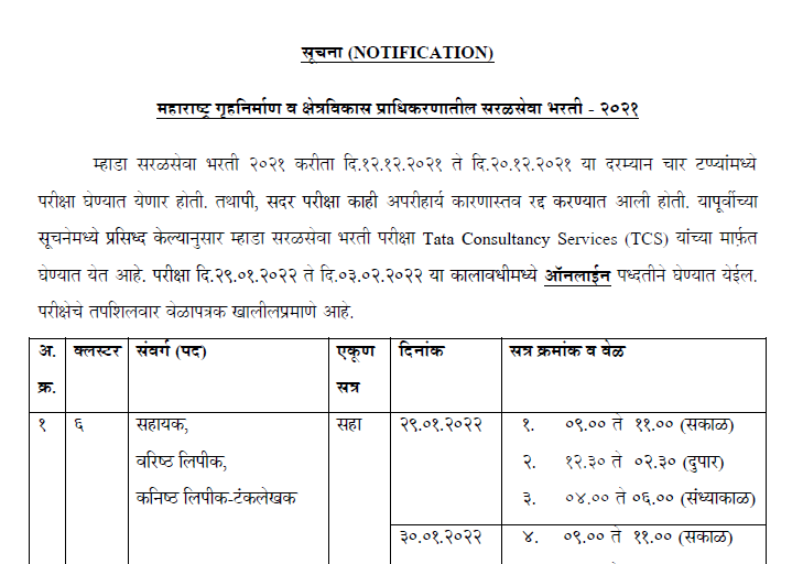 MHADA परीक्षेचे नवीन वेळापत्रक PDF DOWNLOAD 2022